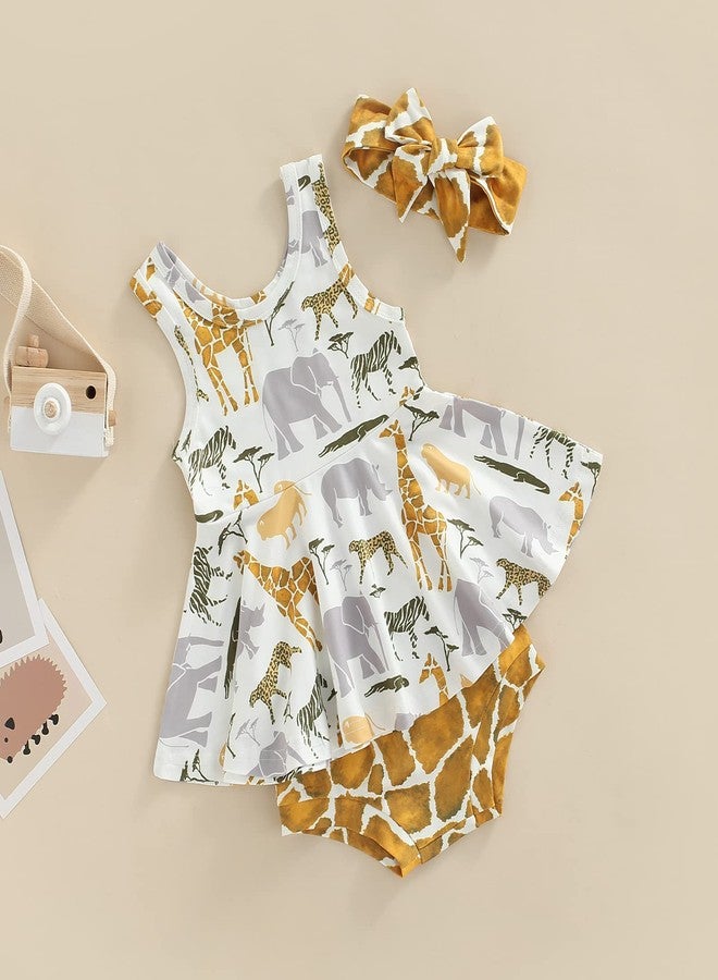 BULINGNA 3Pcs Baby Girl Summer Outfit Animal Print Sleeveless Ruffle Tank Tops High Waist Shorts Headband Clothing Set (Yellow, 12-18 Months) - Image 2
