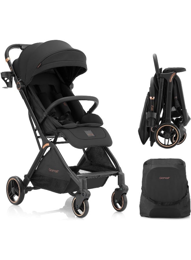 Gromast Gravity Folding Baby Stroller - Portable Toddler Stroller w/Adjustable Backrest & Canopy, Lightweight and UV Protected Travel Stroller, One-Hand Steering - Black - Image 1