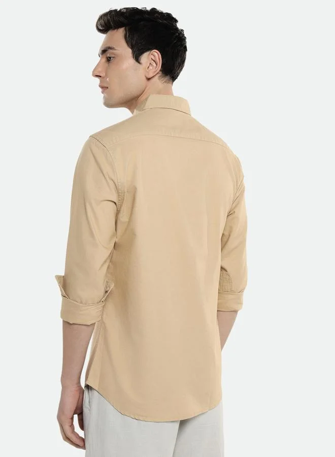 Dennis Lingo Khaki Slim Fit Solid Shirt for Men - Cotton, Full Sleeves, Spread Collar, Casual,