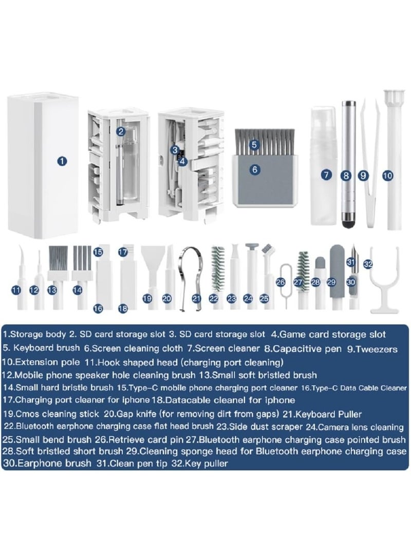 طقم تنظيف إلكترونيات متعدد الوظائف 32 في 1 – مجموعة تنظيف للابتوب والكمبيوتر مع أداة تنظيف منفذ الشحن، قلم لمس، فرشاة لوحة المفاتيح وأدوات قابلة لإعادة الاستخدام للآيفون، ماك بوك، سماعات الأذن، عدسات الكاميرا والمزيد - Image 2