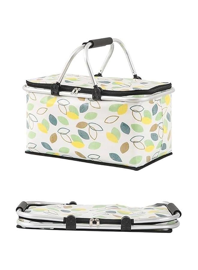 HOOKOR Picnic Basket Bag,Portable Collapsible Shopping Basket with Aluminium Handles,Lunch Box Organizer,Insulated Cooler Bag,Grocery Bag,for Shopping, Travel, Camping(Green leaves)  - Image 1