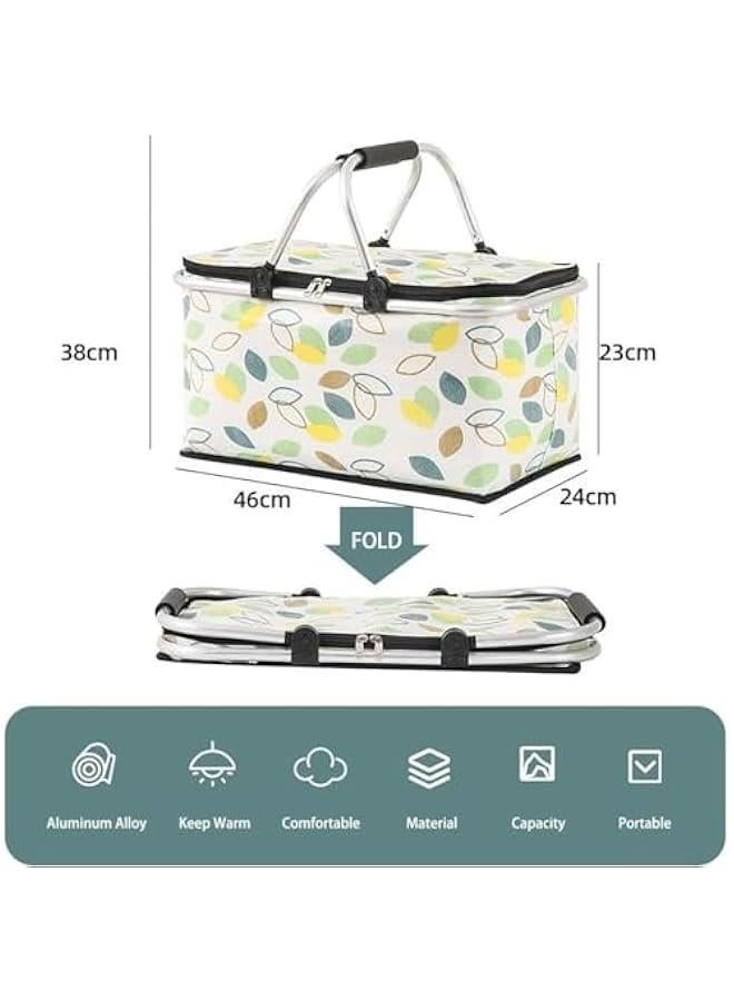 HOOKOR Picnic Basket Bag,Portable Collapsible Shopping Basket with Aluminium Handles,Lunch Box Organizer,Insulated Cooler Bag,Grocery Bag,for Shopping, Travel, Camping(Green leaves)  - Image 2