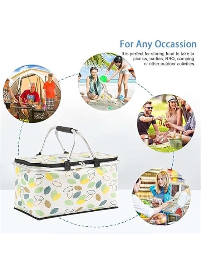 HOOKOR Picnic Basket Bag,Portable Collapsible Shopping Basket with Aluminium Handles,Lunch Box Organizer,Insulated Cooler Bag,Grocery Bag,for Shopping, Travel, Camping(Green leaves)  - Image 4