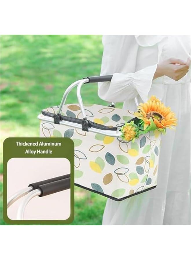 HOOKOR Picnic Basket Bag,Portable Collapsible Shopping Basket with Aluminium Handles,Lunch Box Organizer,Insulated Cooler Bag,Grocery Bag,for Shopping, Travel, Camping(Green leaves)  - Image 5