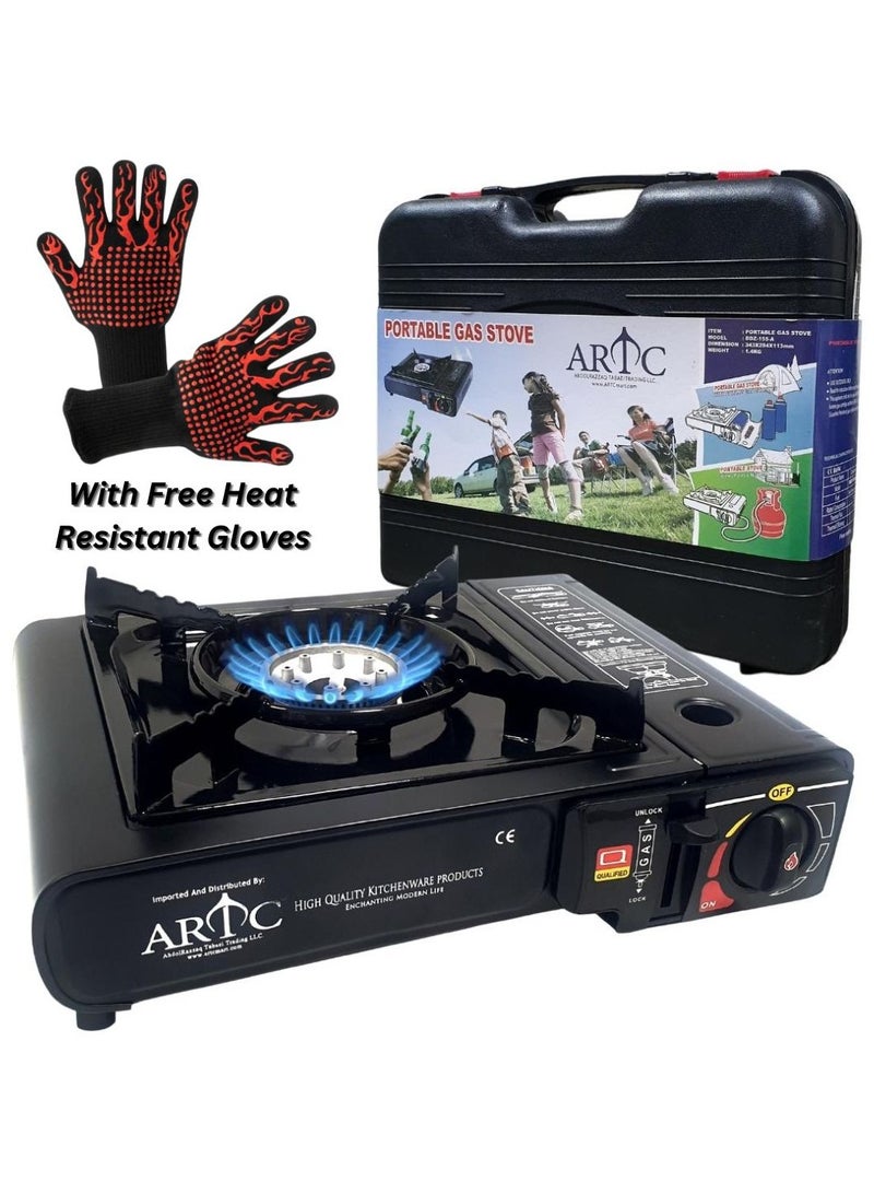 ARTC 2 In 1 Single Burner Portable Gas Stove Cooker Camping Oven Bbq Bistro With Fire Resistant Gloves Set - Image 1