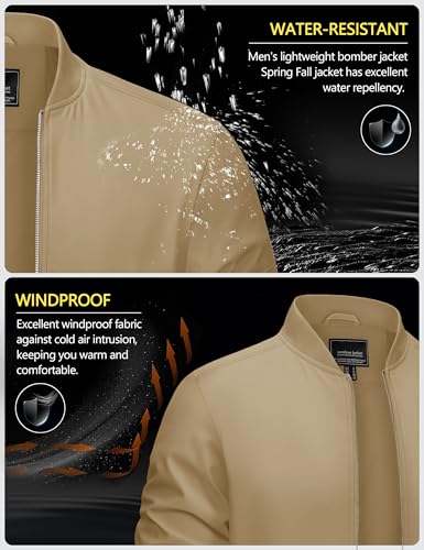 CRYSULLY Men's Lightweight Bomber Jacket Full Zipper Windbreaker Long Sleeve Fall Jackets Streetwear Khaki L - Image 5
