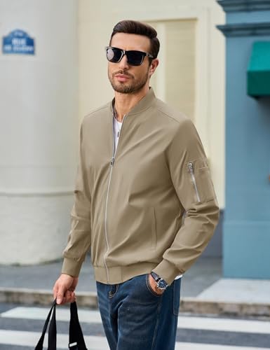 CRYSULLY Men's Lightweight Bomber Jacket Full Zipper Windbreaker Long Sleeve Fall Jackets Streetwear Khaki L - Image 4