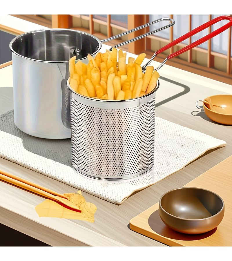 Stainless Steel Deep Fryer and Strainer Set Silvery for Crispy Fries Fish Chicken - Image 3