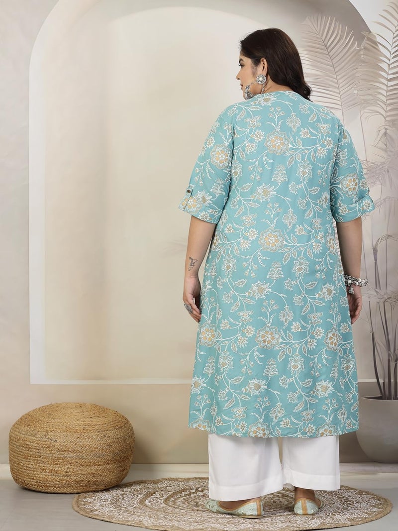 Stylum Women's Plus Size Floral Print Rayon A-Line Kurta Aqua - Image 2