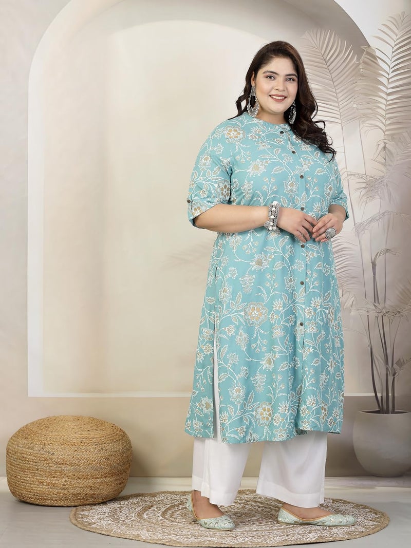 Stylum Women's Plus Size Floral Print Rayon A-Line Kurta Aqua - Image 3