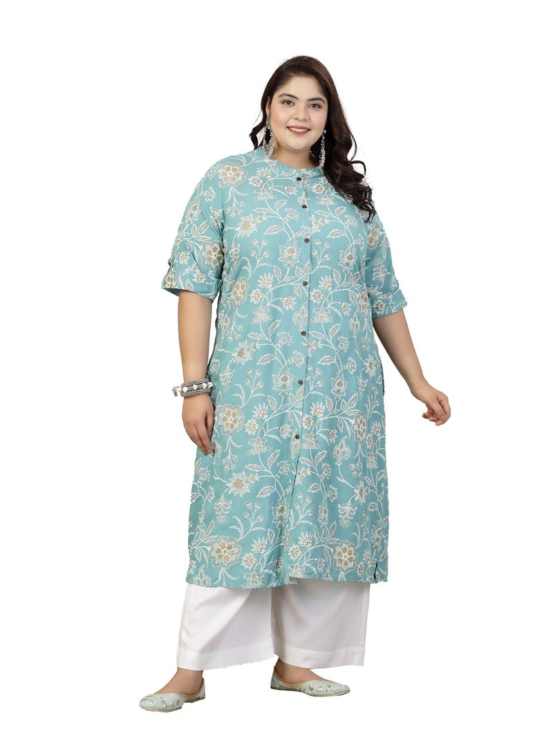 Stylum Women's Plus Size Floral Print Rayon A-Line Kurta Aqua - Image 1