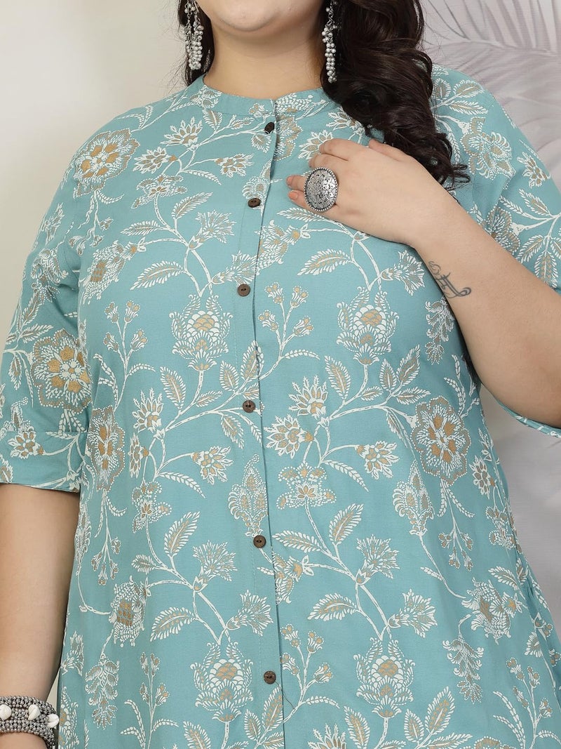 Stylum Women's Plus Size Floral Print Rayon A-Line Kurta Aqua - Image 4