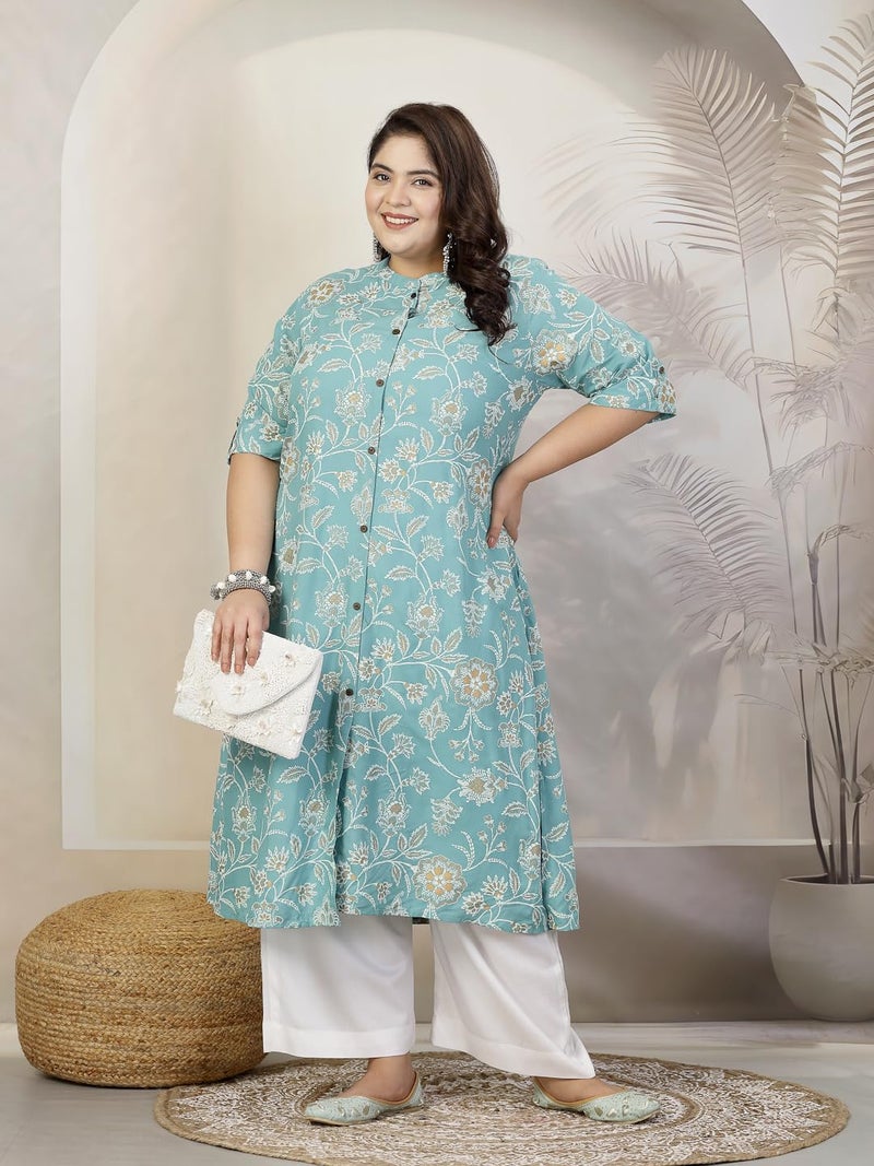 Stylum Women's Plus Size Floral Print Rayon A-Line Kurta Aqua - Image 5