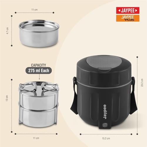 JAYPEE صندوق غداء كهربائي JAYPEE Etosip مع قطع تلقائي مع 2 حاويات من الفولاذ المقاوم للصدأ 275X2 مل وزجاجة ماء معزولة للمكتب، حقيبة مريحة سهلة الحمل لكابل الطاقة، أسود - Image 2