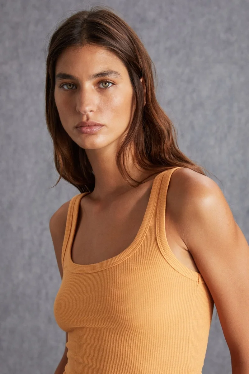 جريميلانج Eulalia Women's Organic Cotton Knitted Square Neck Peach Tank Top with Hang Tag Detail