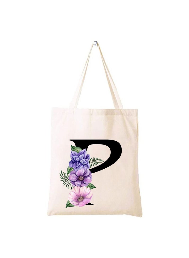 PRINTSHOP4ME Eco-Friendly Canvas Cotton Tote Bag with Floral Design on Initial Letters Printed Bridesmaids Bags for Women- Reusable Shopping Bag, Party Gift Idea and Cotton Gift Bag - Image 1