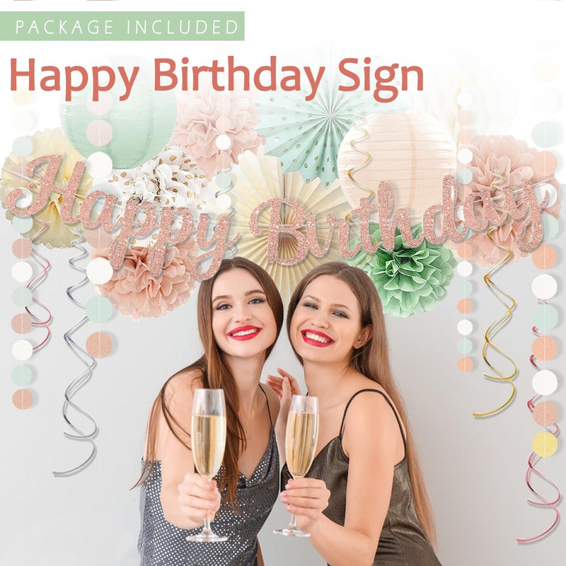 Vztipki Sage-Green Blush-Pink Birthday Decorations for Women Girls, Cream Light Beige Happy Banner, Paper Lanterns Pom Poms, Olive Green Dusty Pink Balloons, Boho Fairy Anniversary Princess Party DÃ©cor - Image 2
