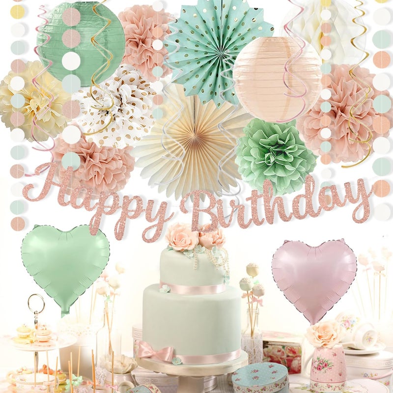 Vztipki Sage-Green Blush-Pink Birthday Decorations for Women Girls, Cream Light Beige Happy Banner, Paper Lanterns Pom Poms, Olive Green Dusty Pink Balloons, Boho Fairy Anniversary Princess Party DÃ©cor - Image 5