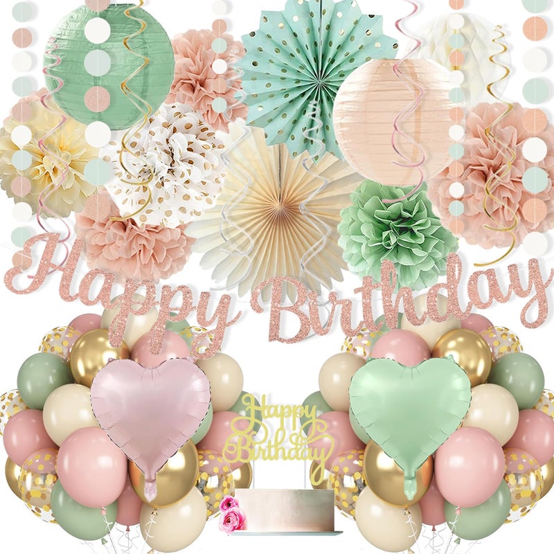 Vztipki Sage-Green Blush-Pink Birthday Decorations for Women Girls, Cream Light Beige Happy Banner, Paper Lanterns Pom Poms, Olive Green Dusty Pink Balloons, Boho Fairy Anniversary Princess Party DÃ©cor - Image 1