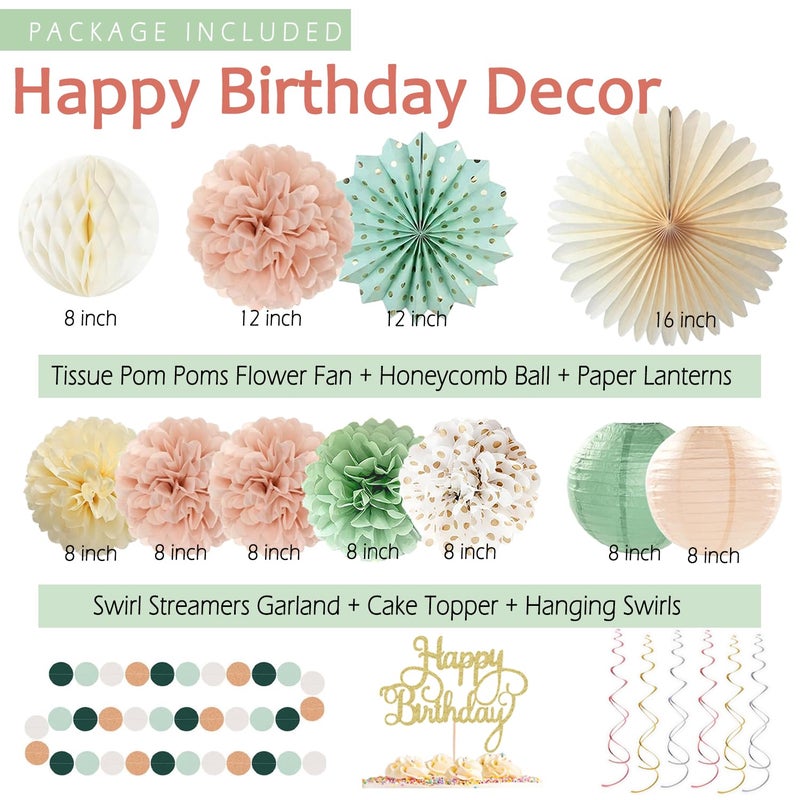 Vztipki Sage-Green Blush-Pink Birthday Decorations for Women Girls, Cream Light Beige Happy Banner, Paper Lanterns Pom Poms, Olive Green Dusty Pink Balloons, Boho Fairy Anniversary Princess Party DÃ©cor - Image 3