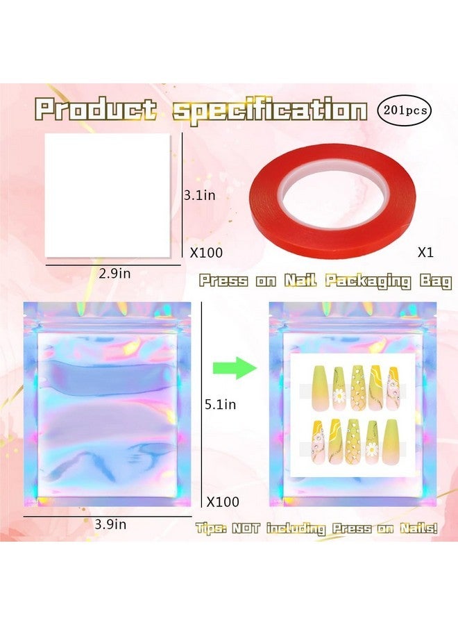 HLQHXWHZT 100Pcs Press On Nail Packaging Bag And 100Pcs White Cardboard Nail Tips Packaging Bags Empty Holographic Nail Storage Bags With 1 Roll Transparent Tape For Press On Nail Business (Laser, Small) - Image 2