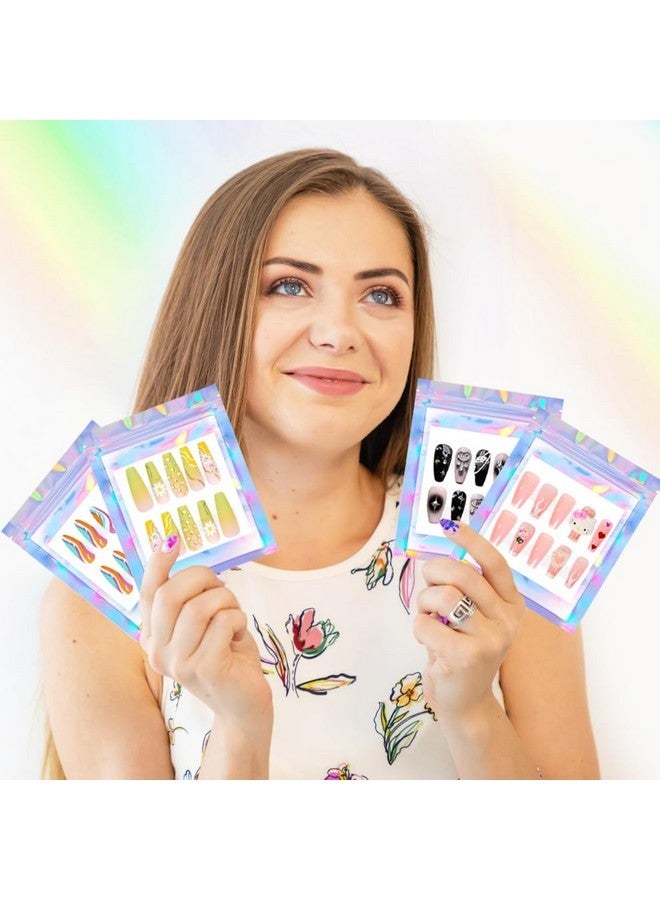 HLQHXWHZT 100Pcs Press On Nail Packaging Bag And 100Pcs White Cardboard Nail Tips Packaging Bags Empty Holographic Nail Storage Bags With 1 Roll Transparent Tape For Press On Nail Business (Laser, Small) - Image 3