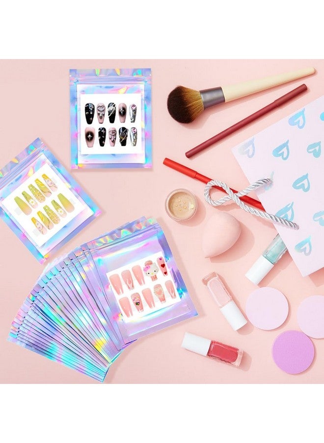 HLQHXWHZT 100Pcs Press On Nail Packaging Bag And 100Pcs White Cardboard Nail Tips Packaging Bags Empty Holographic Nail Storage Bags With 1 Roll Transparent Tape For Press On Nail Business (Laser, Small) - Image 4