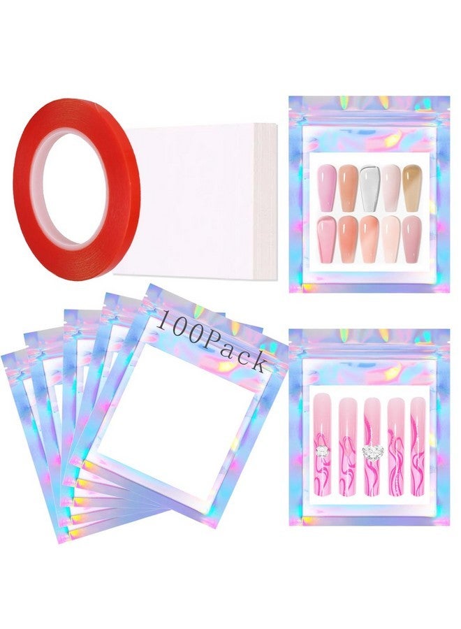 HLQHXWHZT 100Pcs Press On Nail Packaging Bag And 100Pcs White Cardboard Nail Tips Packaging Bags Empty Holographic Nail Storage Bags With 1 Roll Transparent Tape For Press On Nail Business (Laser, Small) - Image 1