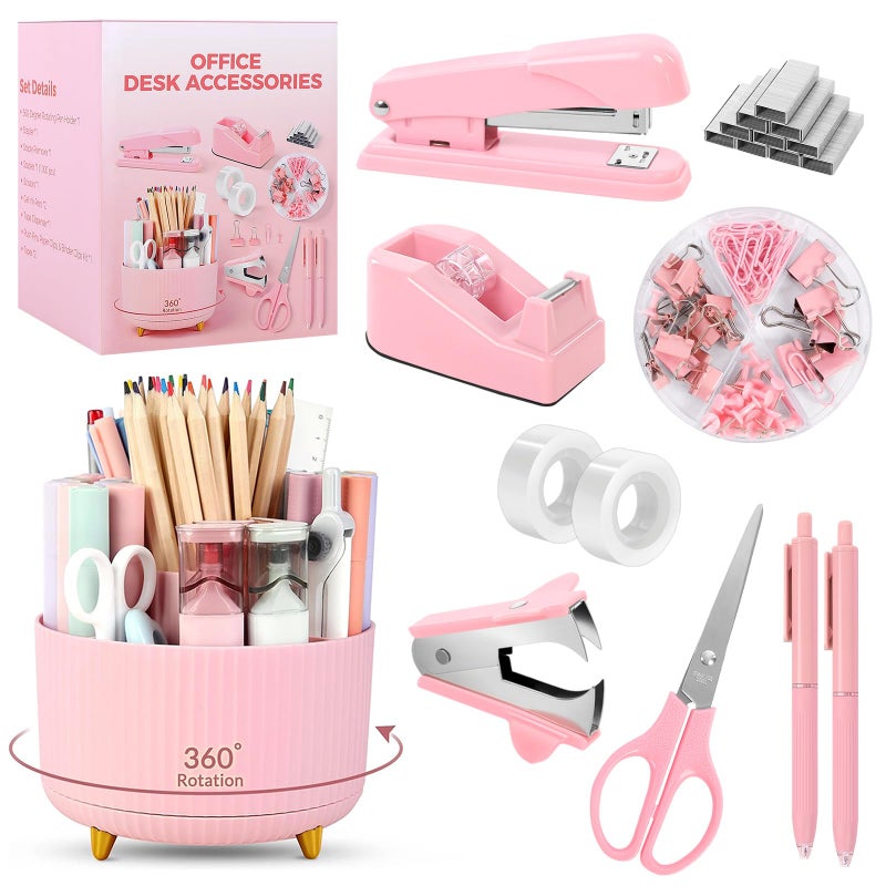 SKYDUE Pink Office Supplies Set, Pencil Holder for Desk,Gel Pen, Stapler, Tape Dispenser, Scissors,Clips and 1000pcs Staples, Office Decor for Women, Pink Desk Accessories - Image 1