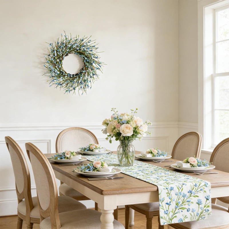 Bibelot 20inch Artificial Forsythia Flower Wreath, All Year Around Wreath for Front Door, Wedding Window Home Wall Indoor Front Door Decor (Blue, 20in) - Image 5