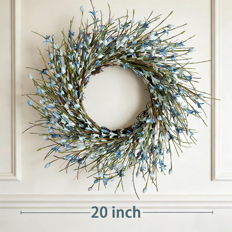 Bibelot 20inch Artificial Forsythia Flower Wreath, All Year Around Wreath for Front Door, Wedding Window Home Wall Indoor Front Door Decor (Blue, 20in) - Image 4