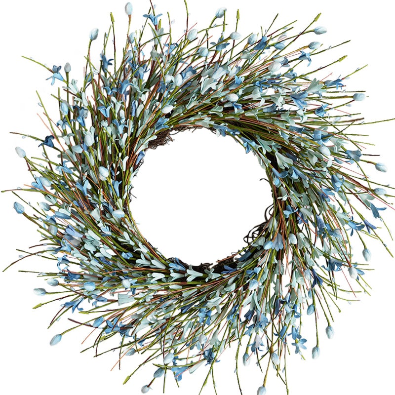 Bibelot 20inch Artificial Forsythia Flower Wreath, All Year Around Wreath for Front Door, Wedding Window Home Wall Indoor Front Door Decor (Blue, 20in) - Image 1