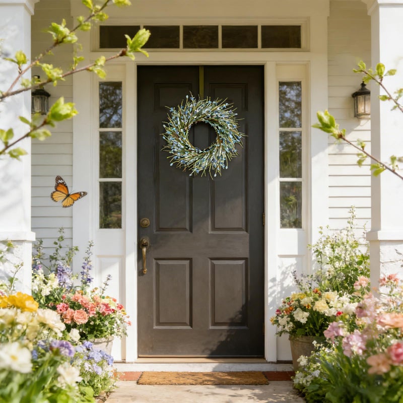 Bibelot 20inch Artificial Forsythia Flower Wreath, All Year Around Wreath for Front Door, Wedding Window Home Wall Indoor Front Door Decor (Blue, 20in) - Image 2