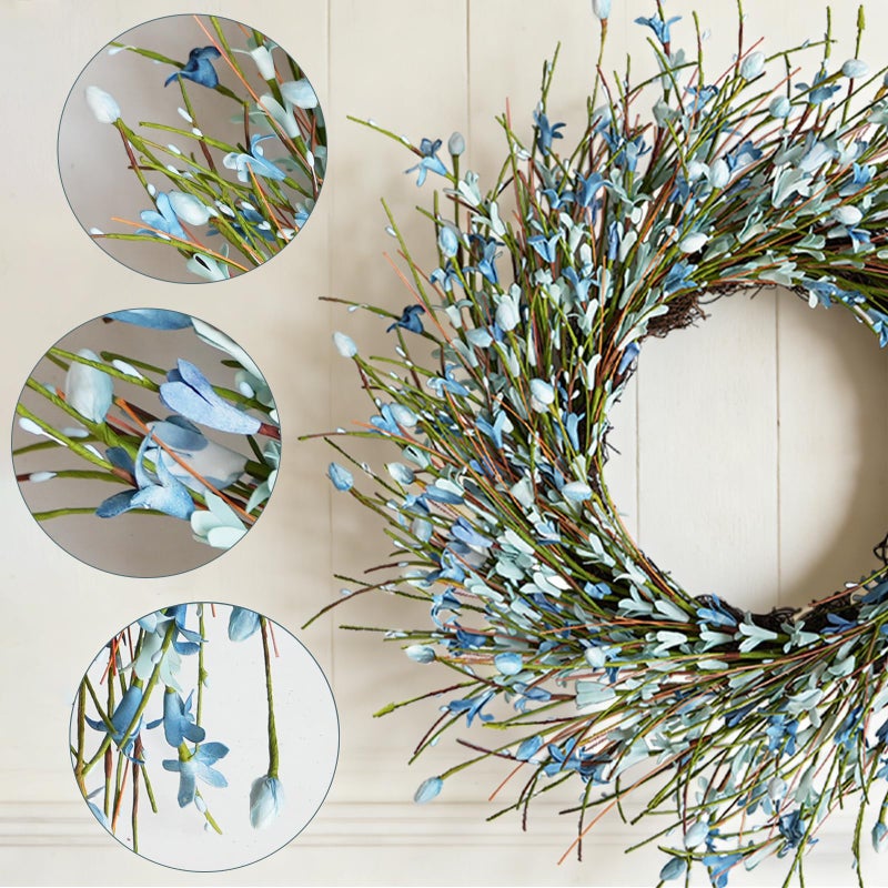 Bibelot 20inch Artificial Forsythia Flower Wreath, All Year Around Wreath for Front Door, Wedding Window Home Wall Indoor Front Door Decor (Blue, 20in) - Image 3