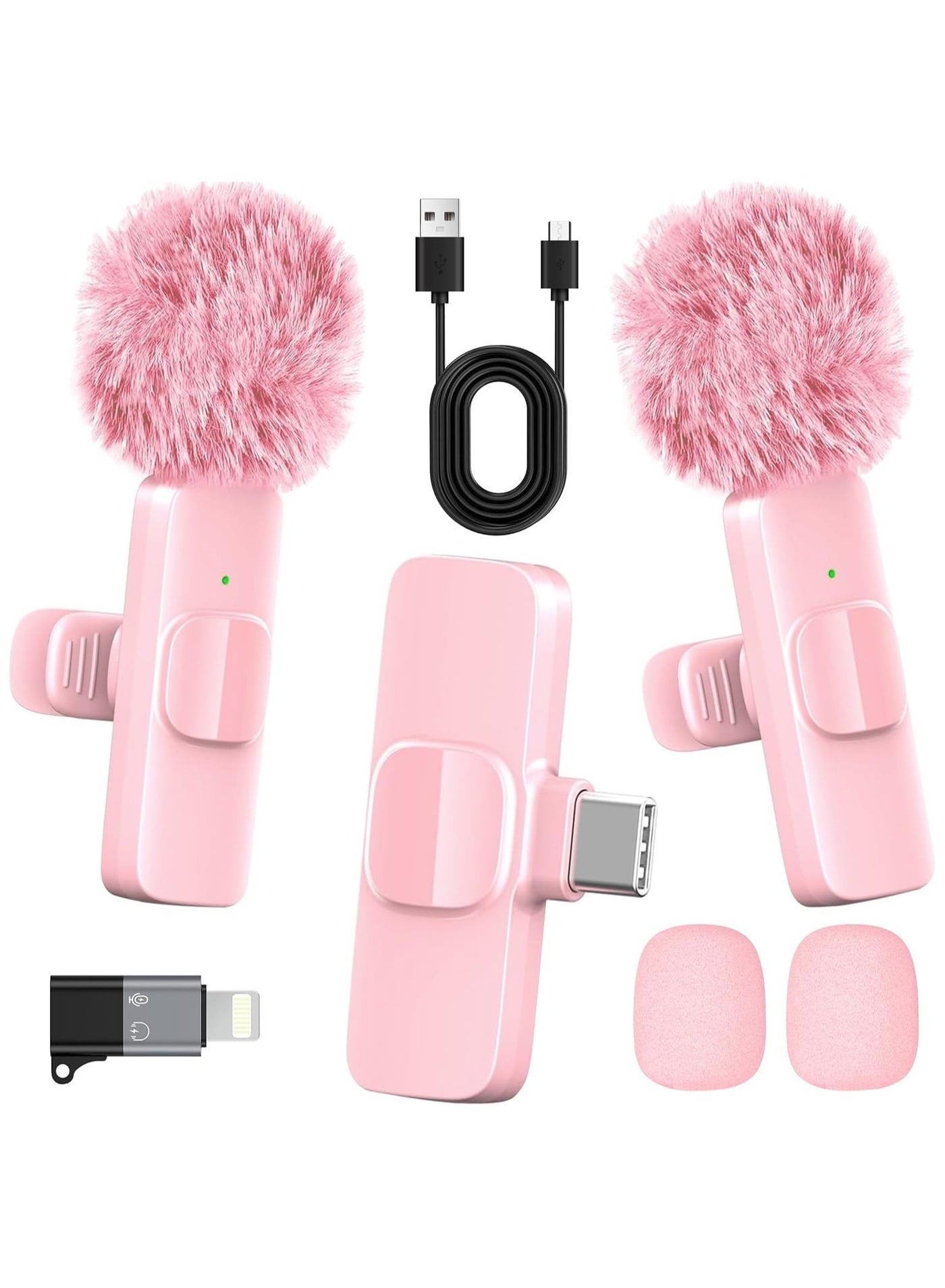 Pink Wireless Lavalier Microphone for iPhone and Android - Mini Clip-On Mic with Noise Cancellation 65ft Range 8H Battery USB-C/Lightning - for TikTok YouTube Podcast Live Streaming
