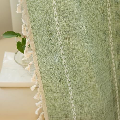Deeprove Sage Green Boho Curtain 84 inches Length for Living Room Bedroom Nursery Doorway Sheer Bohemian 84 inches Long Stripe Embroidery Privacy Window Fringe Christmas Decor W52 x L84 1 Panel - Image 3