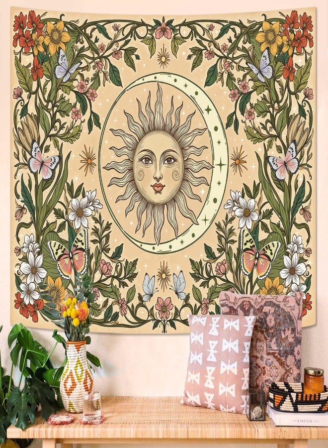 Accnicc Boho Sun and Moon Tapestry Vintage Floral Wall Tapestry for Bedroom Aesthetic Beige Celestial Plant Flower Butterfly Small Tapestries Wall Hanging for Living Room Dorm 60 x 44 Inch - Image 3