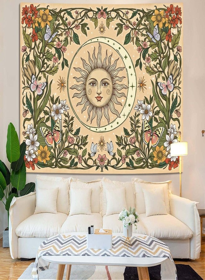 Accnicc Boho Sun and Moon Tapestry Vintage Floral Wall Tapestry for Bedroom Aesthetic Beige Celestial Plant Flower Butterfly Small Tapestries Wall Hanging for Living Room Dorm 60 x 44 Inch - Image 4