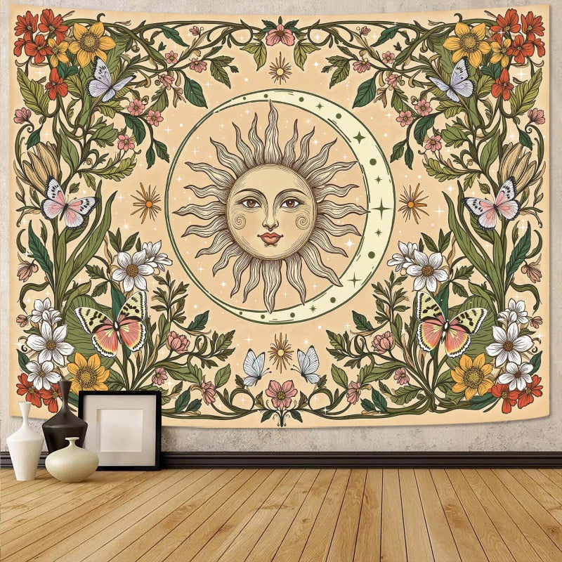 Accnicc Boho Sun and Moon Tapestry Vintage Floral Wall Tapestry for Bedroom Aesthetic Beige Celestial Plant Flower Butterfly Small Tapestries Wall Hanging for Living Room Dorm 60 x 44 Inch - Image 1