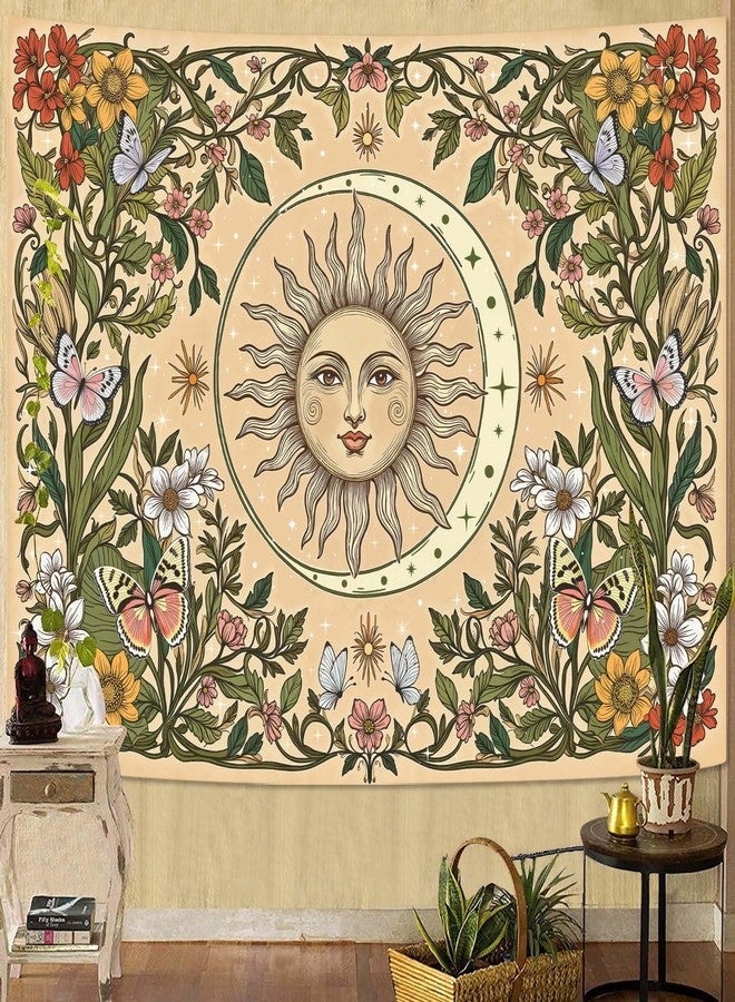 Accnicc Boho Sun and Moon Tapestry Vintage Floral Wall Tapestry for Bedroom Aesthetic Beige Celestial Plant Flower Butterfly Small Tapestries Wall Hanging for Living Room Dorm 60 x 44 Inch - Image 2