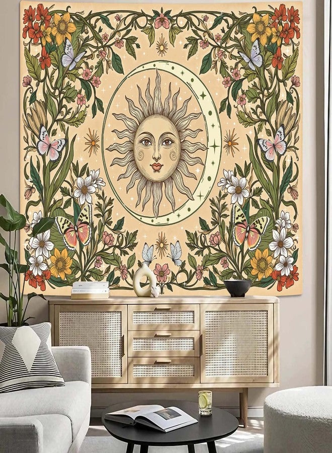 Accnicc Boho Sun and Moon Tapestry Vintage Floral Wall Tapestry for Bedroom Aesthetic Beige Celestial Plant Flower Butterfly Small Tapestries Wall Hanging for Living Room Dorm 60 x 44 Inch - Image 5