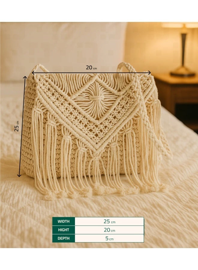 HMK CRAFTS Premium White Macrame Shoulder Bag with Circular Mandala Pattern and Intricate Boho Handwork. - Image 3