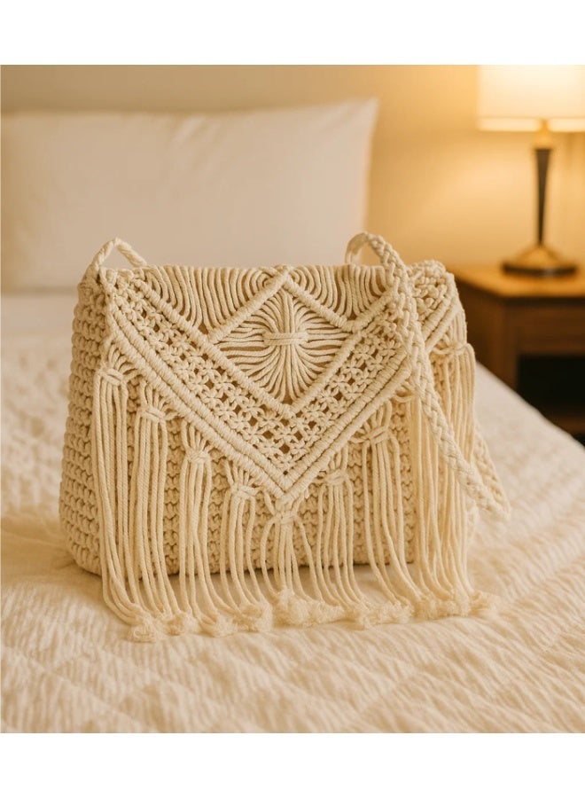 HMK CRAFTS Premium White Macrame Shoulder Bag with Circular Mandala Pattern and Intricate Boho Handwork. - Image 2