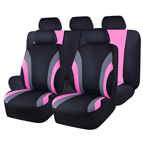 CAR PASS Line Rider Sporty Cloth 11PCS Universal Fit Car Seat Cover 100 Breathable with 5mm Composite Sponge InsideAirbag Compatible3zipper BenchFull Set Black and Pink - Image 1