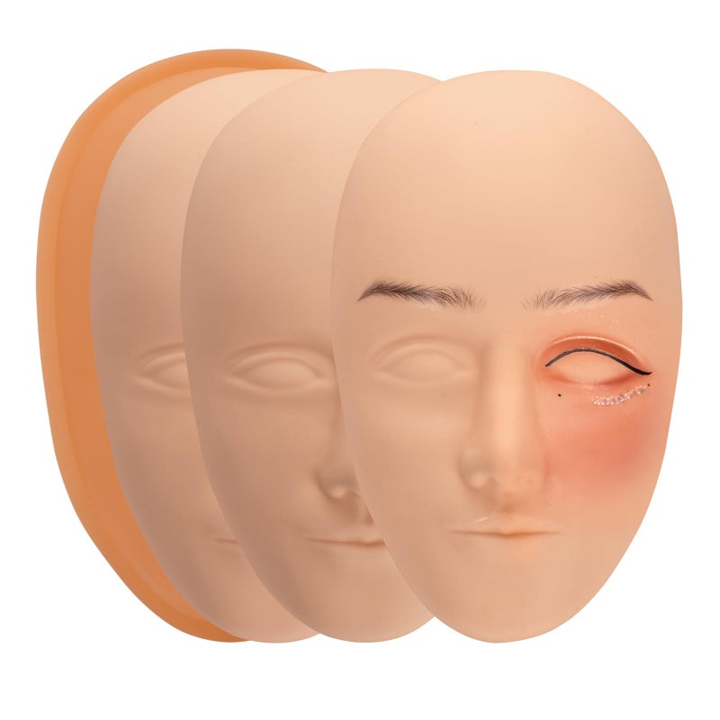 JimKing Tattoo Practice Skin Head, 3pcs Soft Rubber Fake Skin for Permanent Makeup Microblading Eyebrow Lip Eyeliner Tattooing, 1pcs Facial Tattoo Training Skin Support Base - Image 1