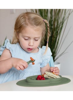 ezpz Mini Baby Feeding Set - Baby Led Weaning - 100% Silicone Silicone Baby Feeding Set, Plate, Fork & Spoon For Infants + Toddlers - Olive  - Image 3