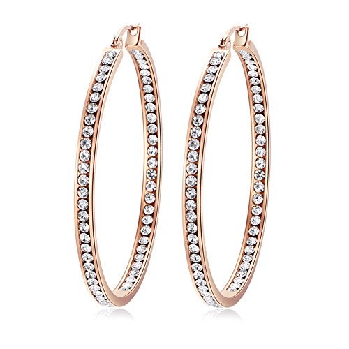 CiNily Ladies Earring Hoops-Large Hoops Rose Gold Plated Hoop Earrings for Women White Cubic Zirconia Big Hoop Earrings Hypoallergenic for Sensitive Ears - Image 1
