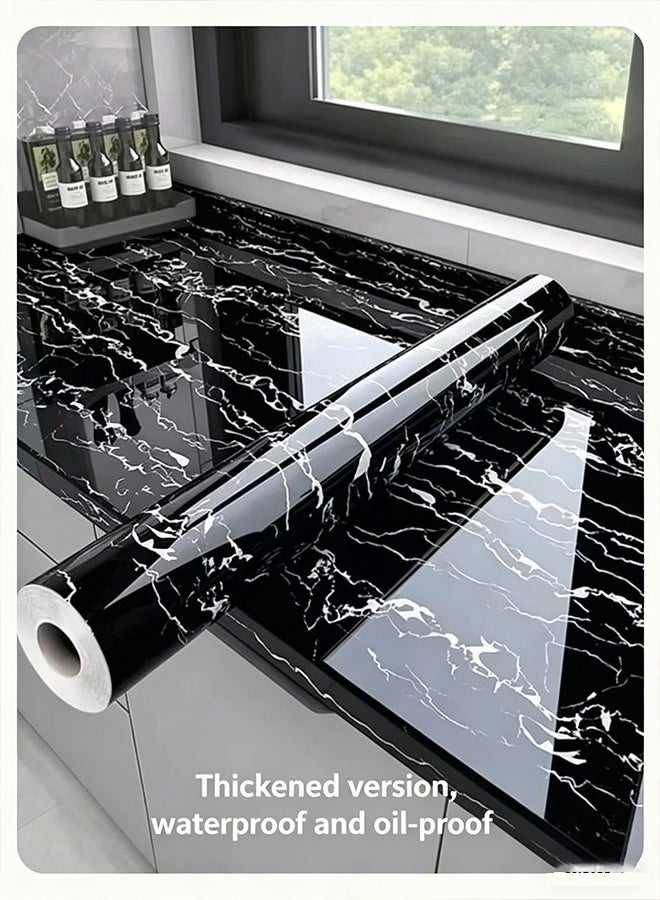 Bukela 1 Roll Self-Adhesive Kitchen Stickers, Waterproof And Oil-Proof Self-Adhesive Wall Stickers, Stove Countertop Ceramic Tile Cabinet Table Renovation Wallpaper, Marble Film Wallpaper For Bathroom Washbasin, Marble Wall Stickers(Black) - Image 1