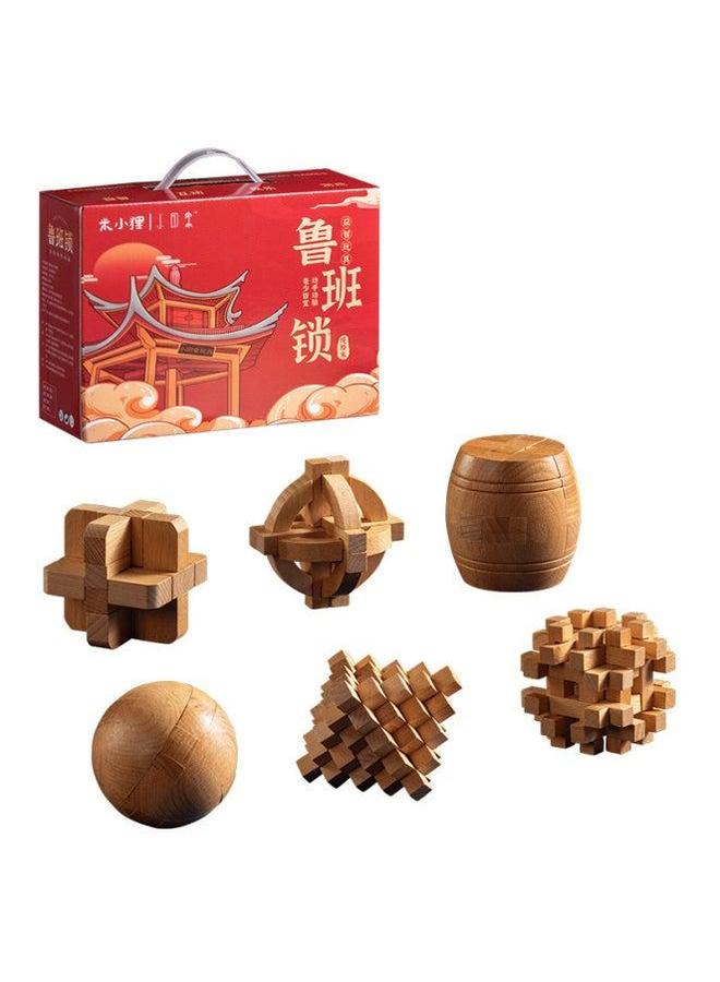 Rosewood Luban Lock Primary School Student Kong Ming Adult Children's Educational Toy Birthday Gift Unlock-Color:Beech Six-piece Set Difficulty Six 【color Box】】 - Image 1
