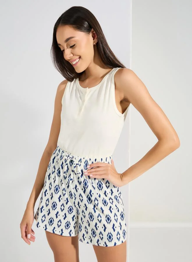 Styli Solid Button Placket Vest & Geo Print Shorts Set